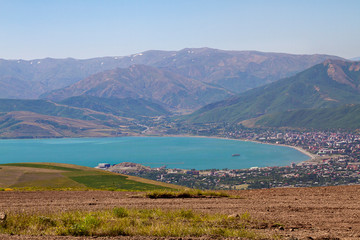 Fototapeta na wymiar View over the Lake Van and the town of Tatvan, in the province of Bitlis, Turkey