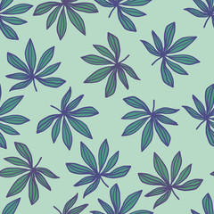 Seamless doodle pattern with outlined sheet print. Cannabis leaves in green and blue colors on light pastel background.