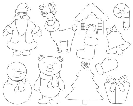 Set Christmas picture elements in black and white color vector illustration. Cute Santa Claus Christmas Tree Star Snowman Bear House Gift