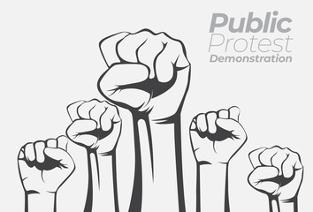 Demonstrations, revolutions, protests brandishing arms with achievements PUBLIC PROTEST DEMONSTRATION. An arm. Vector illustration.