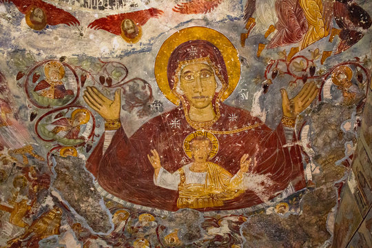 Fresco representing Holy Mary and Child Jesus Christ in the Historical Sumela Monastery, Trabzon, Turkey