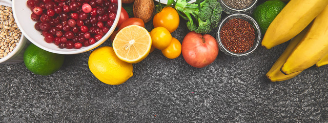 Healthy food background, trendy Alkaline diet products.