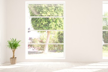 White empty room with summer landscape in window. Scandinavian interior design. 3D illustration