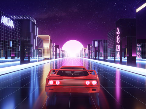80s Cyberrpunk Retro Supercar Driving In A Neon Cyber Futuristic Digital City Science Fiction