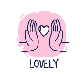 Vector illustration of love and peace symbol with cartoon heart between two palm on pink background with text.