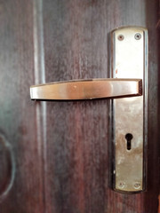 Golden door handle of wooden door.