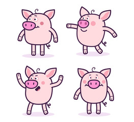 Vector set of illustration of cute cartoon pig with pink snout in different pose and emotion