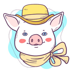 Vector portrait illustration of cute cartoon male pig in yellow cowboy hat with handkerchief on the neck.