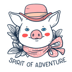 Vector portrait illustration of cute cartoon male pig in pink cowboy hat, neck handkerchief with foliage and text.