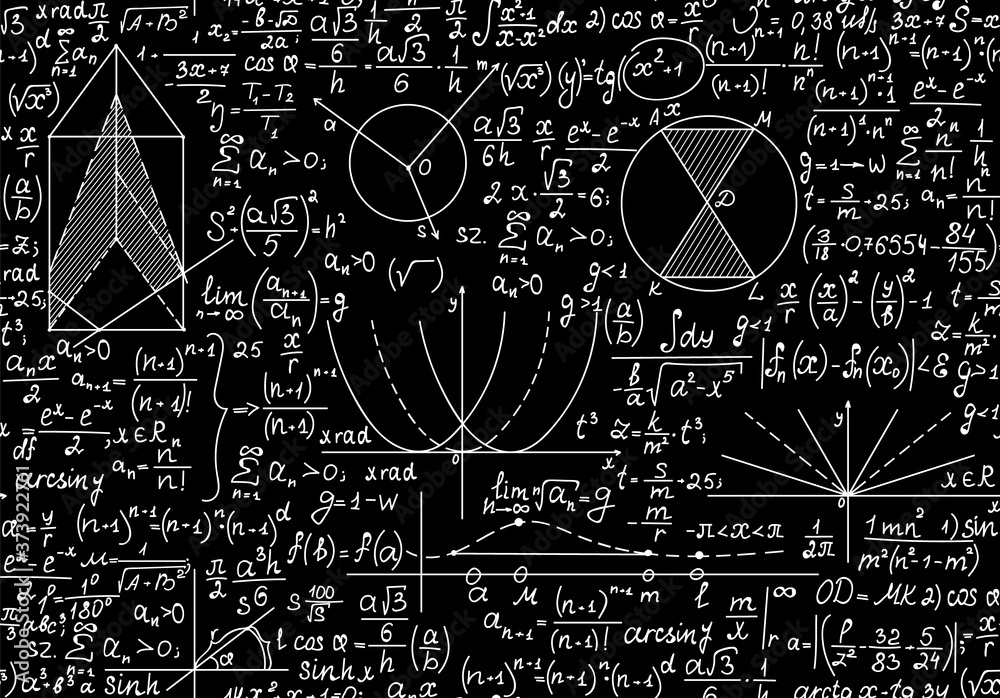 Wall mural math vector seamless background with handwritten scientific formulas, figures and calculations