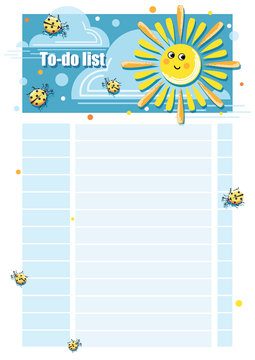 To do list. Cartoon sun, ladybugs. Template design for childrens planning, organizer, notebook.