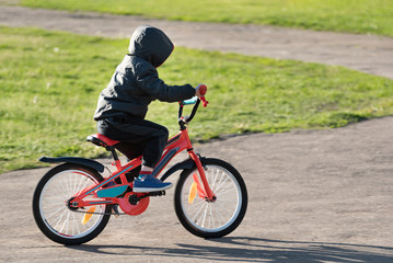 Obraz premium Child riding Bicycle. Boy learning to ride a bike.