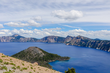 Fototapeta na wymiar Crater Lake National Park. Beautiful Nature in Summer Season Famous Tourist Attractions in Oregon State, USA.