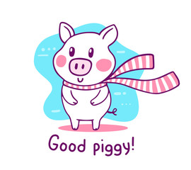 Vector illustration of nice cartoon pig with long winter striped scarf, pink cheeks, text on white background.