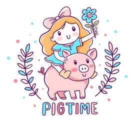 Vector illustration of cute cartoon friend girl with flower and pig with pink cheeks and text.