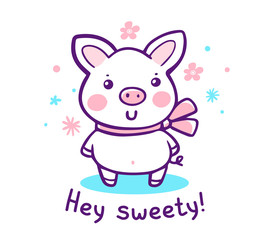 Obraz na płótnie Canvas Vector illustration of cute cartoon pig with pink bow and text on white background with flower.