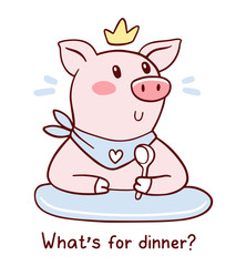Vector illustration of king pig in golden crown with bib and spoon waiting for food.