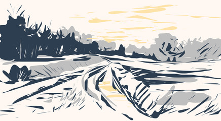 Rural landscape. Graphic monochrome ink drawing