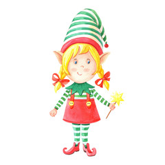 Watercolor Christmas girl elf with magic wand.Little helper of Santa Claus in a striped suit with a hat.