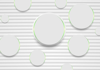 Grey paper stripes and circles with green glowing lights abstract tech background. Geometric vector design