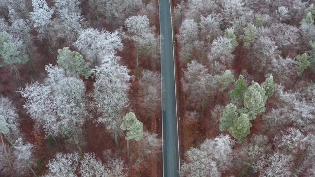 Aerial view of road with red car in winter, Steigerwald, Germany