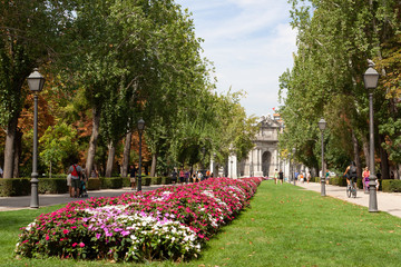 Streets with a people and Architecture of Madrid in Spain in autumn, September