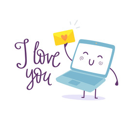 Vector illustration of lovely cartoon laptop. Character smile laptop holding letter on white background with text.
