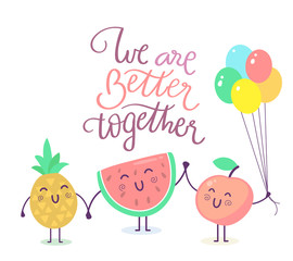 Vector illustration of lovely cartoon character. Set of fruit friend on white background with air balloon and text.