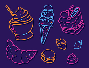 Vector set of many different sweet neon color line art style icon on dark background.