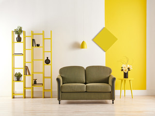 modern room yellow and white background and green sofa style, bookshelf coffee table vase of plant and book.
