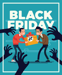 Funny Black Friday flat illustration with two shoppers fighting for last item with empty store shelves on background and silhouettes of reached out hands on foreground