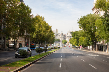 Empty Streets with a people and Architecture of Madrid in Spain in autumn, September
