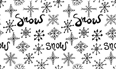 Snowflake simple doodle illusatration. Hand drawn snow seamless pattern on white background. Winter season, Christmas celebration