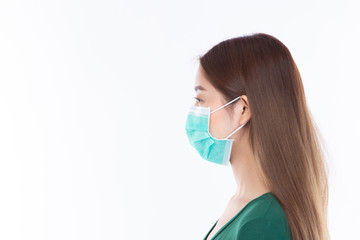 Woman wearing face mask protect filter pm2.5 anti pollution, anti smog and viruses. Air pollution, environmental concept isolated on white background.