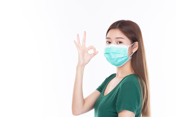 Woman wearing face mask protect filter pm2.5 anti pollution, anti smog and viruses. Air pollution, environmental concept isolated on white background.