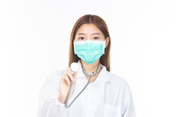 Profession healthcare people and medicine concept. Beautiful portrait friendly Asian female doctor or nurse wearing mask at medical clinic using stethoscope to checking isolated on white background.