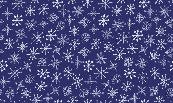 Snowflake simple doodle illusatration. Hand drawn snow seamless pattern on blue background. Winter season, Christmas celebration