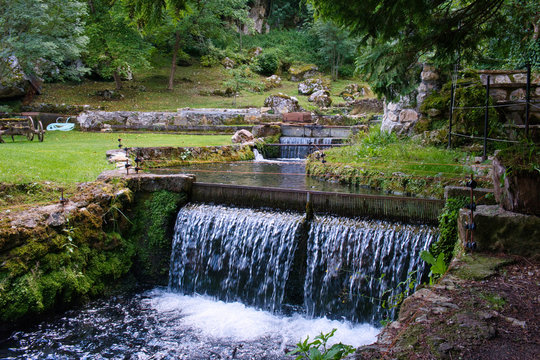 Breeding freshwater mountain trout on the old rustic farm (ribnjak) near Potpecka cave, Uzice, Serbia