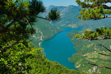 Fototapeta na wymiar Amazing aerial view of national park Tara, Zaovine and Perucac lake and canyon of Drina river in Serbia 