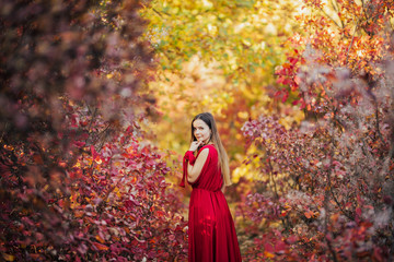 Elegant stylish girl in a trendy red dress walks along the autumn park.