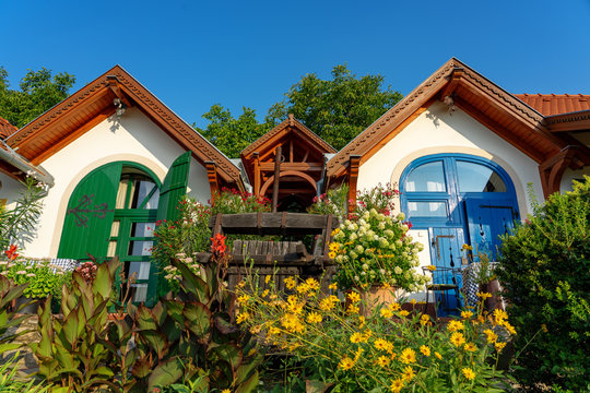 Colorful press-houses little dwarfhouses in pecs Hungary with many flowers