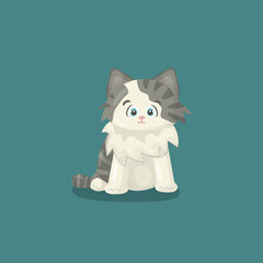 Small white happy friendly isolated vector handdrawing cartoon character cat or kitten on blue or green background