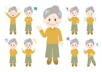 シニア女性のポーズと表情のイラスト: 全身セット
