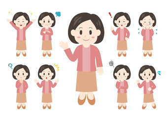 中高年女性のポーズと表情のイラスト: 全身セット
