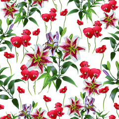 Seamless pattern from Olympic lilies and poppies. White background.