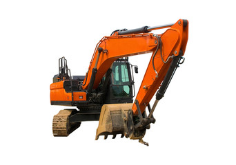 A crawler excavator with a rotating house platform and continuous caterpillar track isolated on a white background. Front view
