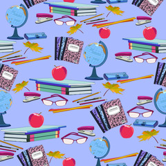 Abstract vector pattern. Seamless background with school supplies. Blue background.