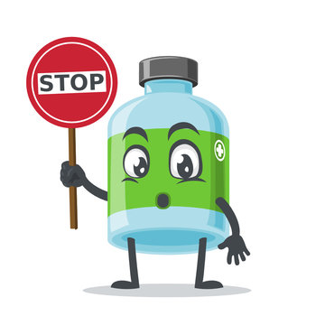 vector illustration of mascot or medicine bottle character holding sign says stop