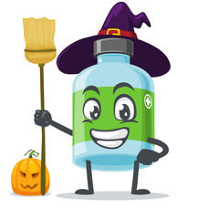 vector illustration of mascot or medicine bottle character wearing witch costume and holding broom