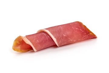 Italian prosciutto crudo or spanish jamon. Jerked ham, isolated on white background